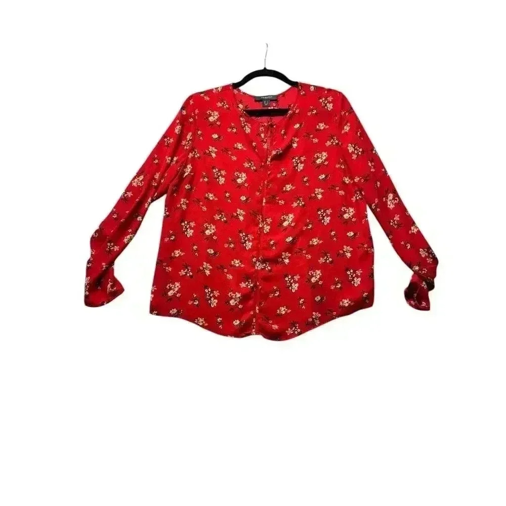 primark womens blouse top 14 sheer red floral long sleeve round neck key hole‎